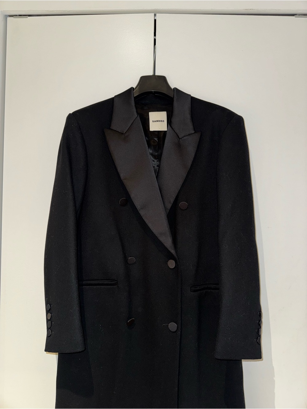 Sandro Black Double-Breasted Tuxedo Blazer with Satin Peak Lapels